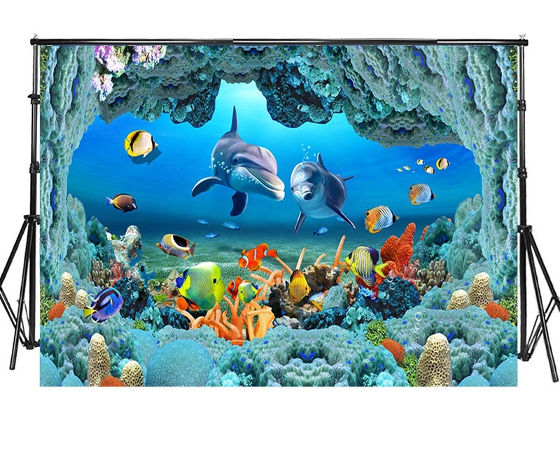 Sensfun 7x5ft 3D Underwater World Photography Backdrop Aquarium Coral Fish Under Sea Cave Dolphin Photo Background for Kids Newborn Happy Birthday Party Ocean Theme Children Photo Studio Props (WP124) - Image 1